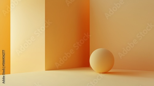 Soft yellow sphere in minimalistic interior space with warm tones and geometric shapes during daylight