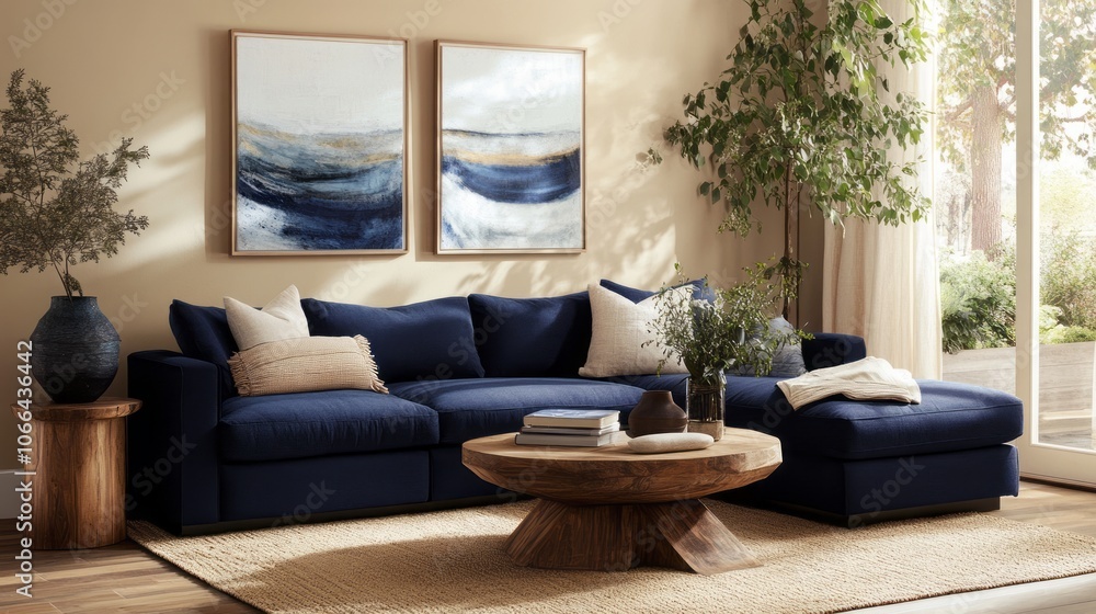 Modern Living Room with Blue Sectional Sofa, Wooden Coffee Table, and Abstract Art Modern Living Room with Blue Sectional Sofa, Wooden Coffee Table, and Abstract Art