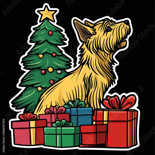 Silky Terrier Dog Guarding Presents Under The Tree photo