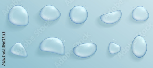 Hyaluronic acid bubbles. Collagen clear drops. Glycerin gel. Serum drop. Realistic liquid gel with bubbles. Big water drops on blue background. Aqua background.