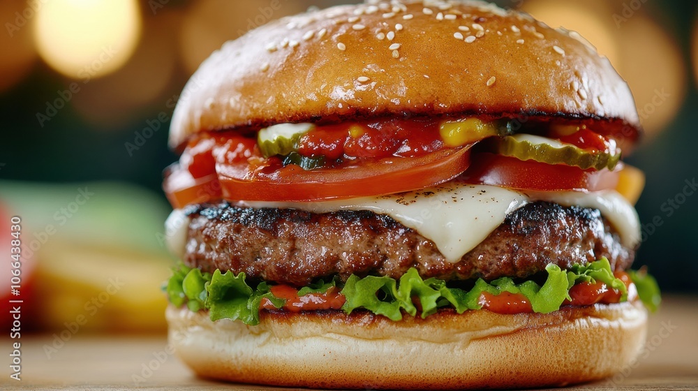 Juicy cheeseburger with fresh toppings and a sesame seed bun, AI Juicy cheeseburger with fresh toppings and a sesame seed bun, AI