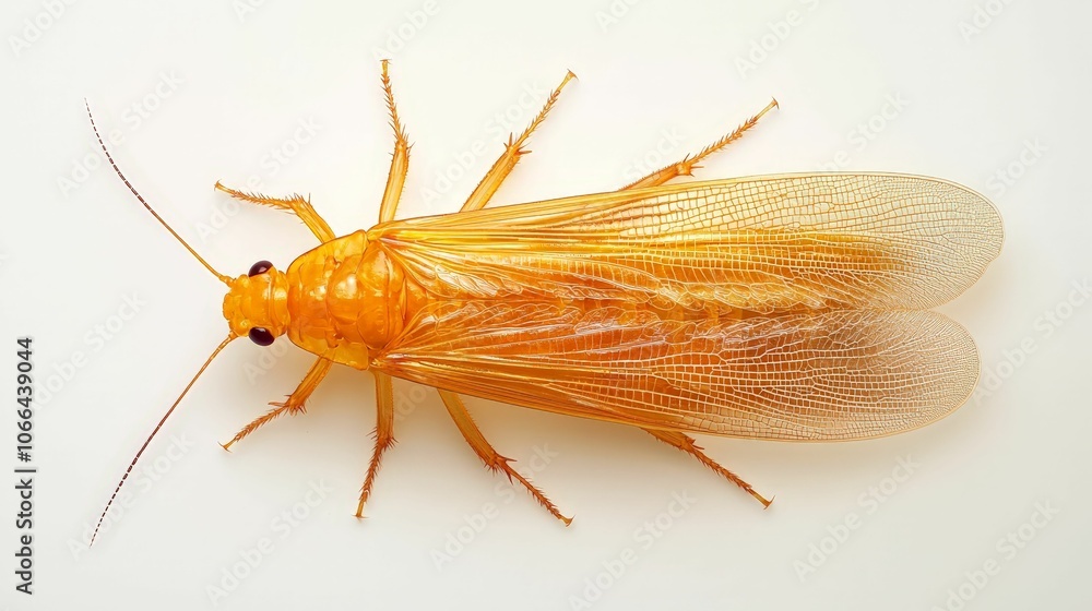Dull Orange Insect A close-up image of an orange insect with translucent wings, showcasing ...