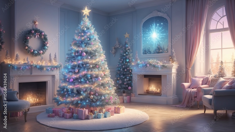 Fototapeta premium Elegant Christmas living room with a beautifully decorated tree, gifts, and festive decorations