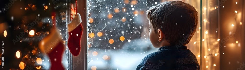 Boy Looking Out Window at Falling Snow on a Snowy Christmas Eve Boy Looking Out Window at Falling Snow on a Snowy Christmas Eve