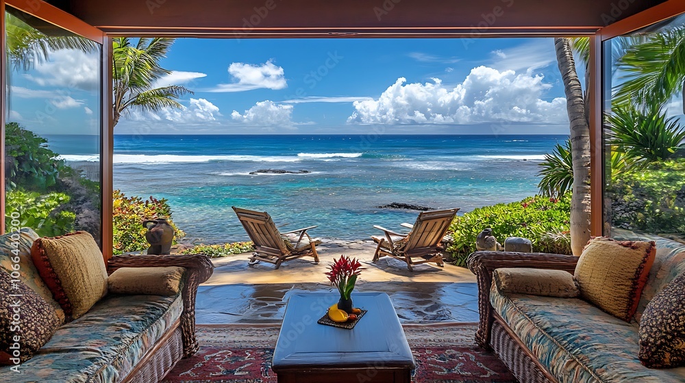 Fototapeta premium Tropical Patio with Ocean View and Wicker Furniture
