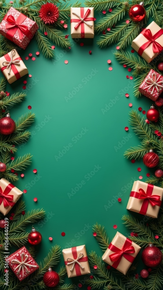 Fototapeta premium A festive arrangement of gifts and ornaments surrounded by evergreen branches on a vibrant green background during the holiday season