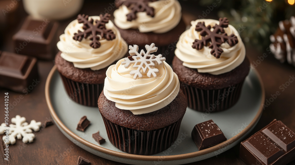 Chocolate cupcakes with whipped cream frosting decorated with dark chocolate pieces and sugar snowflakes Chocolate cupcakes with whipped cream frosting decorated with dark chocolate pieces and sugar snowflakes