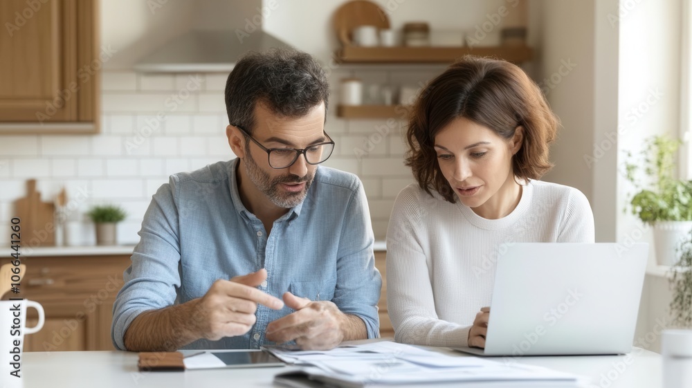 Couple discussing cost-saving mortgage terms in bright kitchen, focus on interest reduction, realistic Couple discussing cost-saving mortgage terms in bright kitchen, focus on interest reduction, realistic