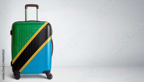 タンザニアの国旗のスーツケース。(United Republic of Tanzania flag on a stylish suitcase and copy space.) 