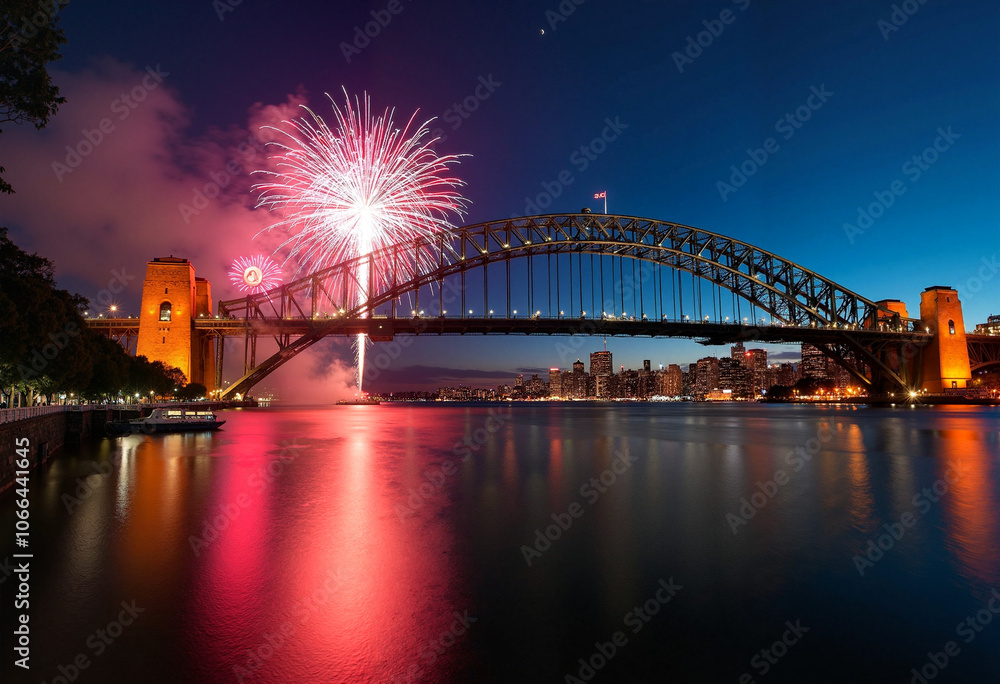 Celebrate Australia Day with vibrant fireworks lighting up the Sydney Harbour Bridge at night Celebrate Australia Day with vibrant fireworks lighting up the Sydney Harbour Bridge at night