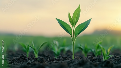 Fresh Green Plant Growing in Soft Soil at Sunrise