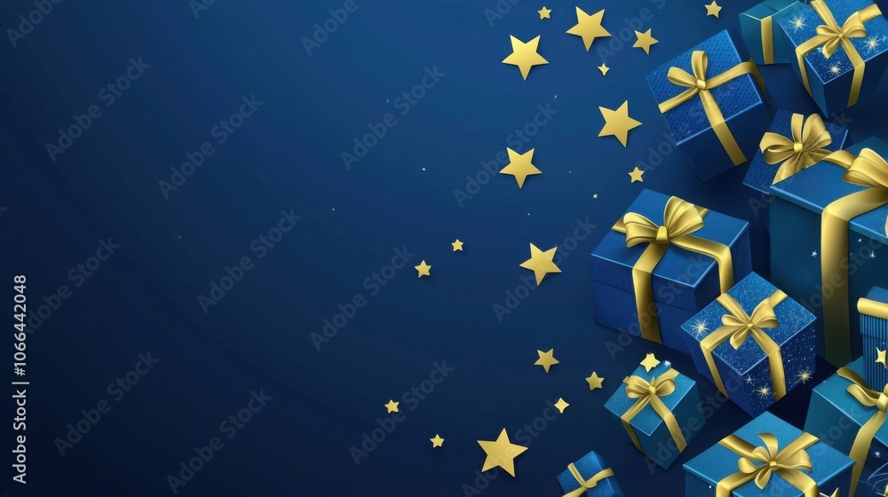 A collection of blue gift boxes decorated with golden ribbons and bows, set against a deep blue background filled with golden stars. A collection of blue gift boxes decorated with golden ribbons and bows, set against a deep blue background filled with golden stars.
