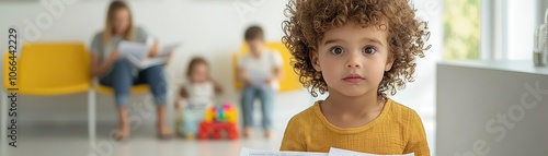 Parents and children waiting in a doctor s office, children playing with toys in the corner while parents fill out forms, a bright and cheerful waiting room