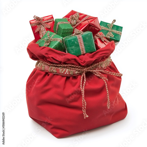 Red Santa Claus bag with red ribbon tied, fulfilled with colorful wrap present boxes on white background.