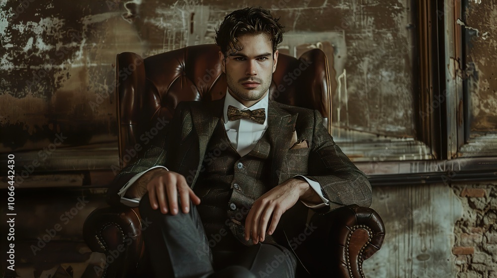 Elegant Man in Suit Sitting in a Leather Chair - Vintage Fashion Portrait Elegant Man in Suit Sitting in a Leather Chair - Vintage Fashion Portrait