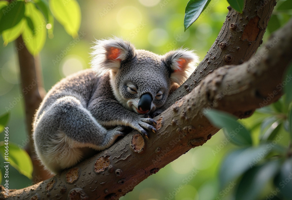 A sleepy koala takes a cozy nap in the sunlight on a tree branch during Australia Day festivities A sleepy koala takes a cozy nap in the sunlight on a tree branch during Australia Day festivities