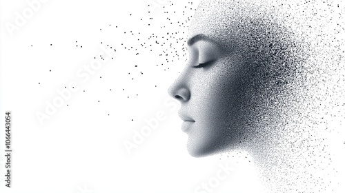 A woman’s head with dots covering her face and background. The concept of digital identity, technology, and the integration of human perception with data visualization. Generative AI.