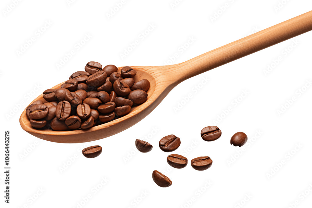 Obraz premium Coffee beans on wooden spoon isolated on transparent background, PNG