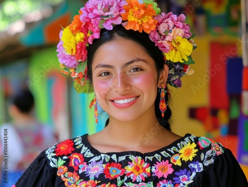 Joyful Celebration in Traditional Mexican Dress: WomanFlower Crown in Vibrant Village photo