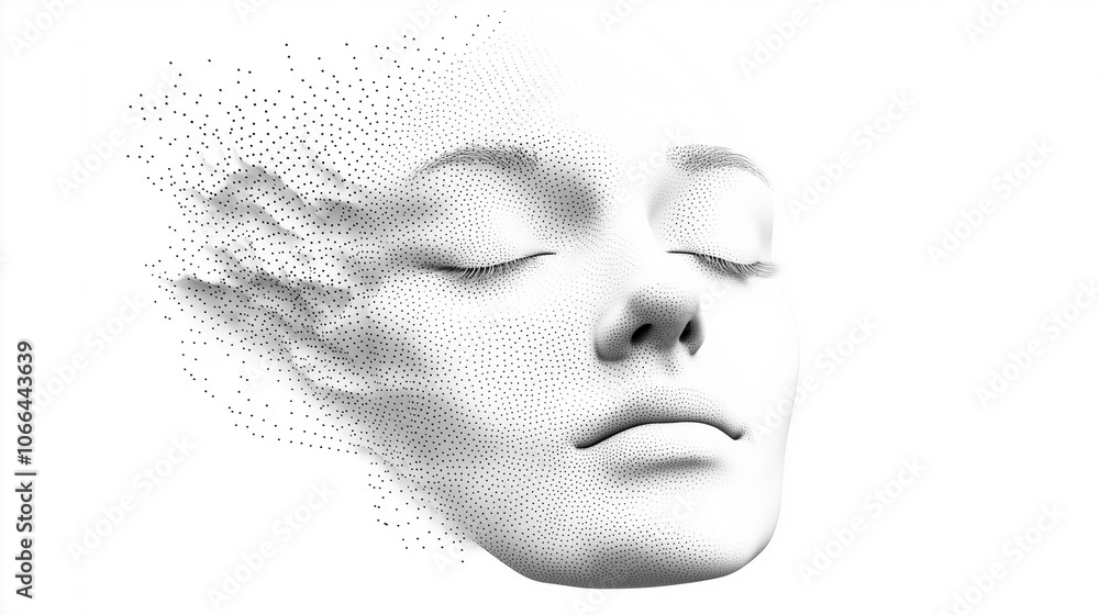A woman’s head with dots covering her face and background. The concept of digital identity, technology, and the integration of human perception with data visualization. Generative AI. A woman’s head with dots covering her face and background. The concept of digital identity, technology, and the integration of human perception with data visualization. Generative AI.