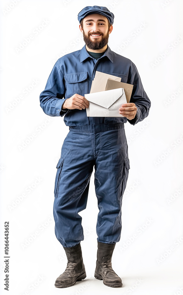 Smiling mailman holding envelope in uniform against white background. Smiling mailman holding envelope in uniform against white background.
