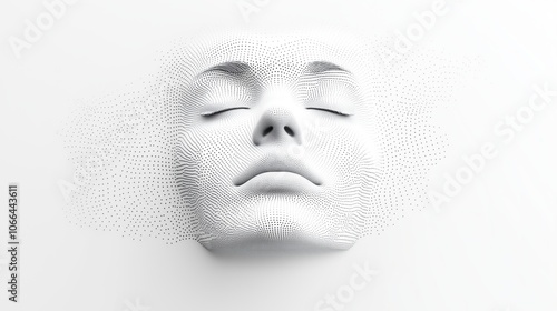 A woman’s head with dots covering her face and background. The concept of digital identity, technology, and the integration of human perception with data visualization. Generative AI.