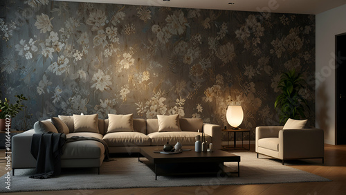 Elegant luxury living room with floral mural wall and cozy lighting in modern decor