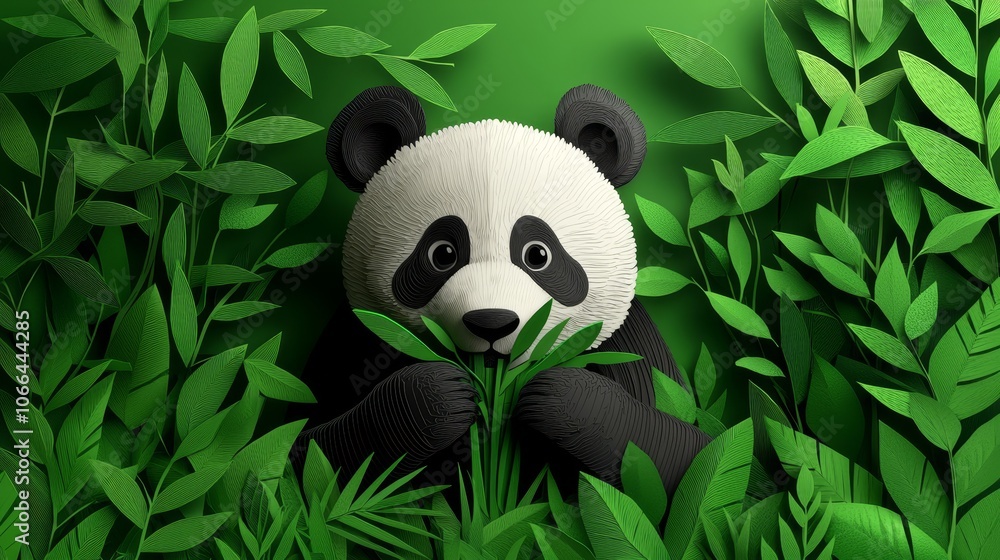 Panda Enjoying Bamboo Among Lush Greenery Panda Enjoying Bamboo Among Lush Greenery