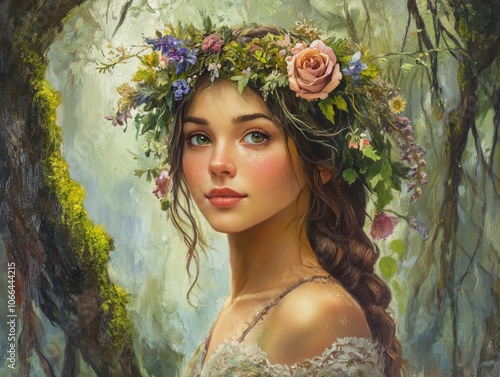 Enchanting Portrait ofWoman in Floral Headpiece Among Mossy Woods and Wildflowers photo