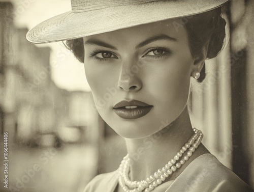 Nostalgic Elegance: 1940s Portrait ofWoman in Vintage Hat and Pearl Necklace photo