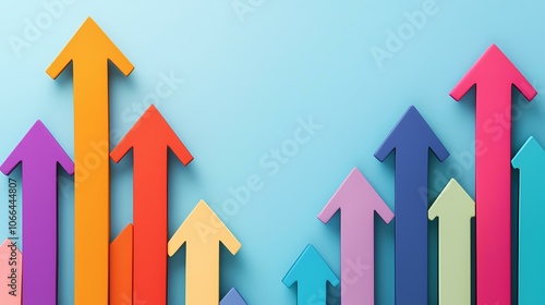 The image contains a blue background with a row of colorful arrows pointing upwards. The arrows are arranged in a staggered pattern, creating a sense of movement and growth.  They are all pointing up
