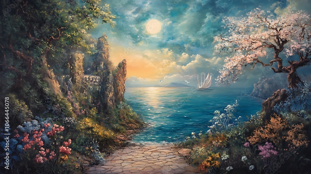Fototapeta premium A Stone Path Leads to a Sailboat on a Tranquil Sea, Surrounded by Lush Vegetation and Blooming Trees