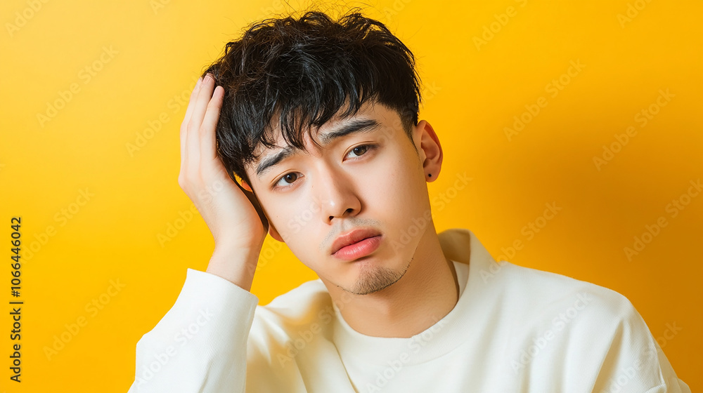 Worried young Japanese man with head in hands Worried young Japanese man with head in hands