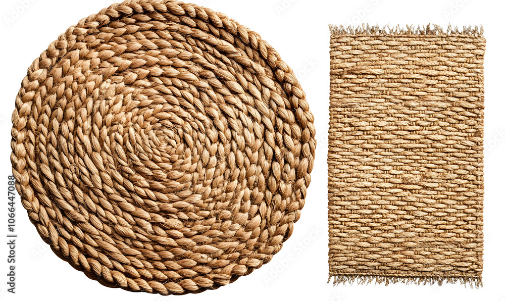Obraz premium Braided carpet, jute round carpet. Braided rectangular carpet. Isolated on a transparent background.