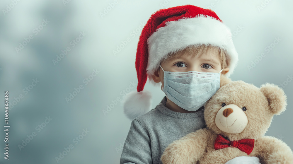 The cute little boy in a protective mask and Santa hat with his Teddy bear on Christmas The cute little boy in a protective mask and Santa hat with his Teddy bear on Christmas