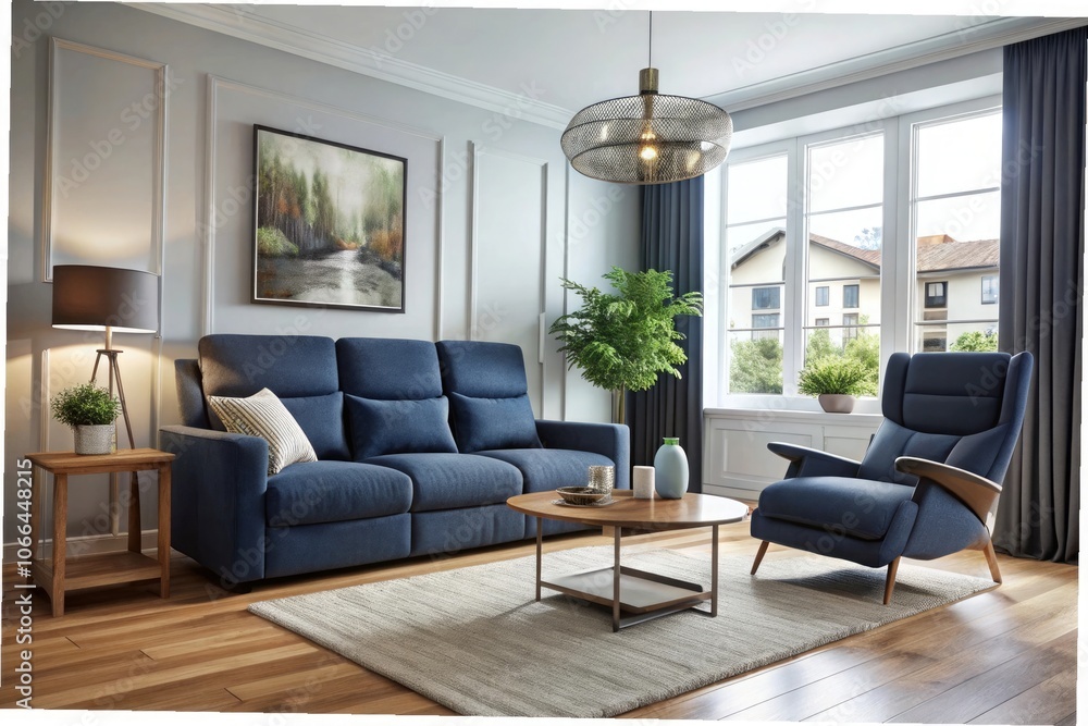 Fototapeta premium a living room with blue sofas and a coffee table