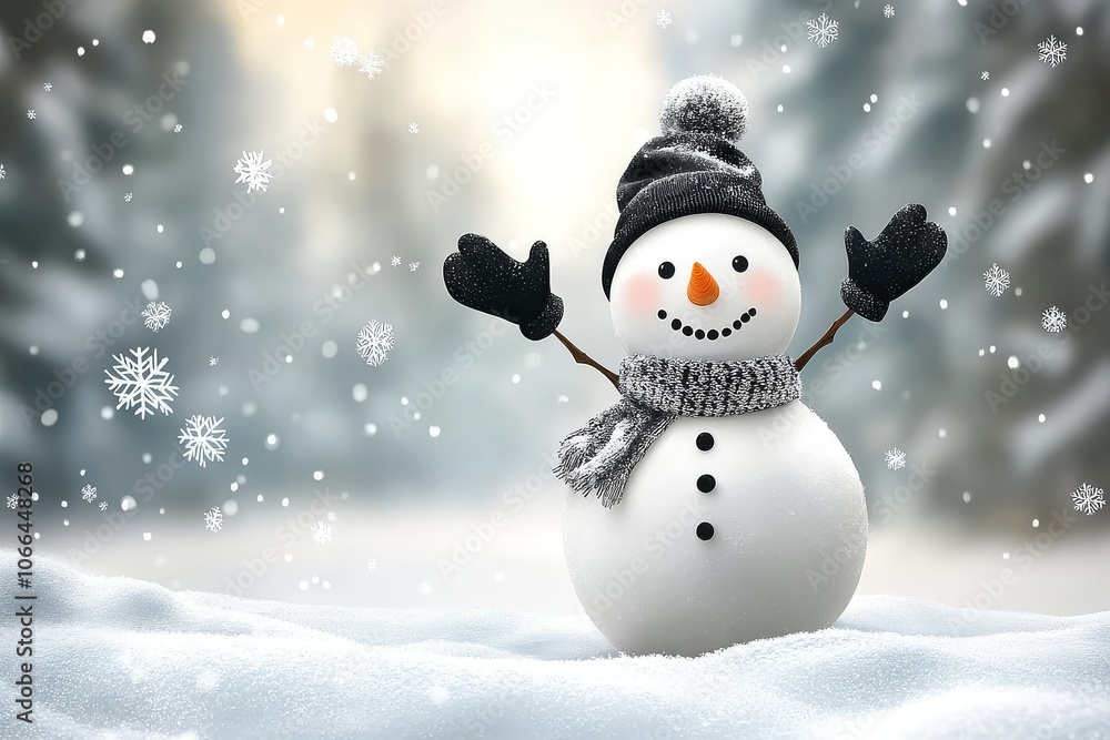 Fototapeta premium Cute cartoon snowman waving in snowy winter landscape with falling snowflakes, Christmas joy, and festive atmosphere.