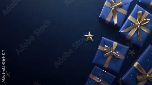 A stunning arrangement of blue wrapped gifts adorned with golden ribbons, set against a dark background with magical star embellishments. photo