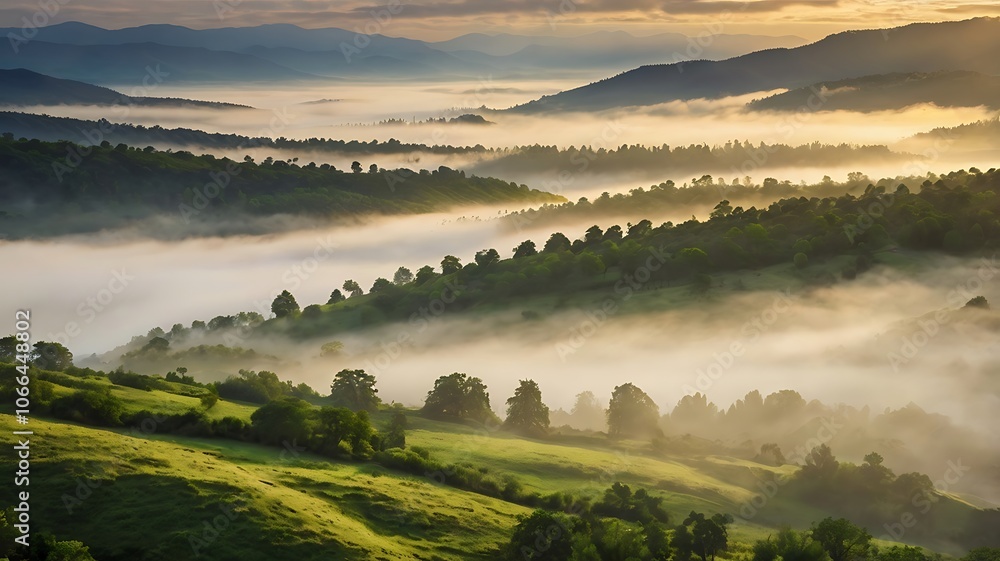 Obraz premium Misty Mountain Landscape at Sunrise with Rolling Hills and Fog
