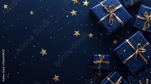 A festive arrangement of blue and gold wrapped gifts scattered against a dark blue background, adorned with golden stars and snowflakes. photo