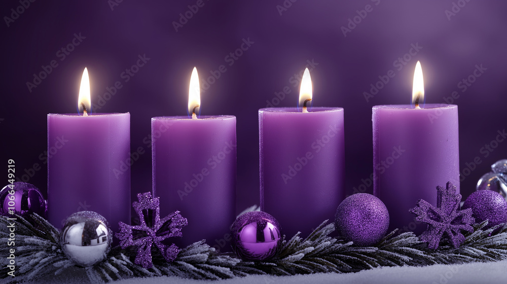 Four purple Advent candles burning with wreaths and silver decoration Four purple Advent candles burning with wreaths and silver decoration