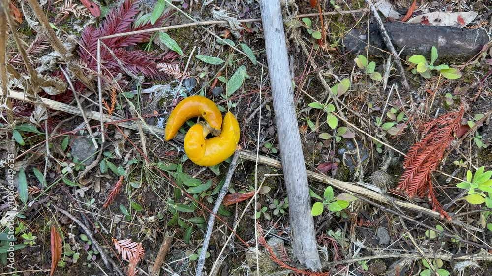 Close-Up of Banana Slugs (Ariolimax columbianus) in Big Basin Redwoods State Park, Santa Cruz County, California – Wildlife and Nature. 4K. Close-Up of Banana Slugs (Ariolimax columbianus) in Big Basin Redwoods State Park, Santa Cruz County, California – Wildlife and Nature. 4K.