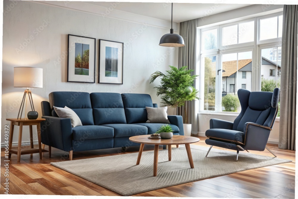 a living room with blue couches and a coffee table. a living room with blue couches and a coffee table.