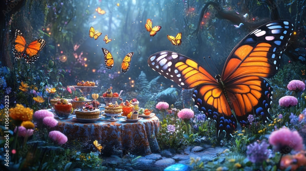 A magical forest setting with a table laden with desserts, surrounded by vibrant flowers and fluttering butterflies. A magical forest setting with a table laden with desserts, surrounded by vibrant flowers and fluttering butterflies.