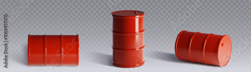 3d red oil barrel. Metal gas can vector mockup. Chemical container package for petroleum or gasoline isolated render design set. Realistic canister for industrial pollution. Empty glossy steel tank