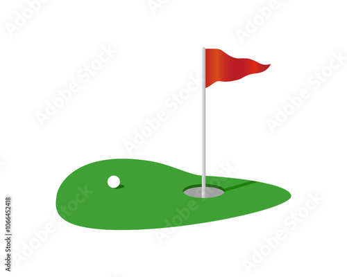  Golf icon. Golf green field and flying red flag, white ball. Stock Vector
