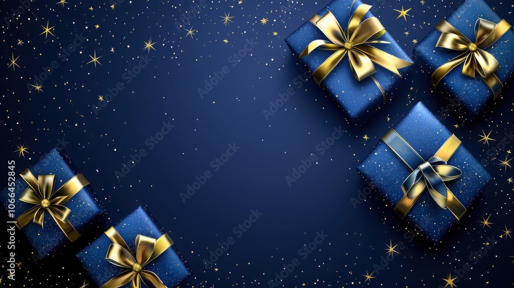A beautifully arranged collection of blue gift boxes with golden bows against a starry dark blue background, perfect for festive celebrations. A beautifully arranged collection of blue gift boxes with golden bows against a starry dark blue background, perfect for festive celebrations.