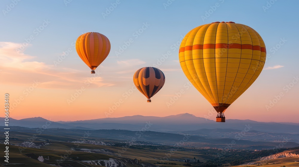 Stunning hot air balloons soaring in the sky at sunset, showcasing vibrant colors against a breathtaking landscape. Stunning hot air balloons soaring in the sky at sunset, showcasing vibrant colors against a breathtaking landscape.