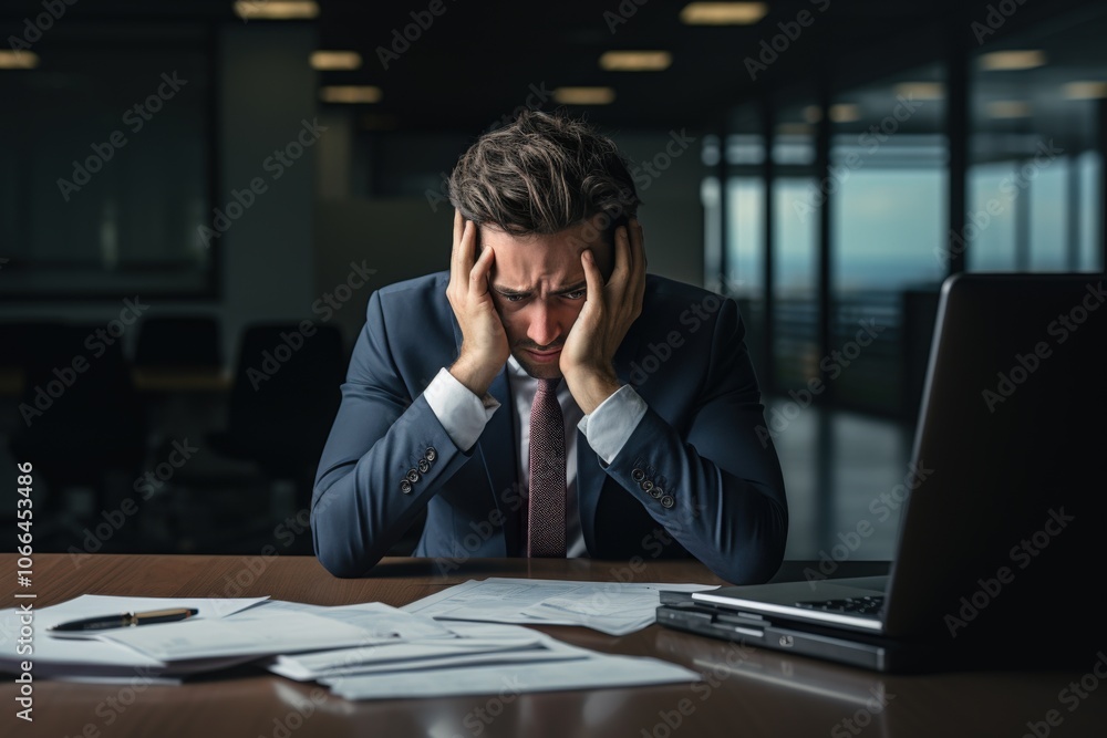 Stressed Businessman Struggles to Manage Workload in Modern Office Stressed Businessman Struggles to Manage Workload in Modern Office