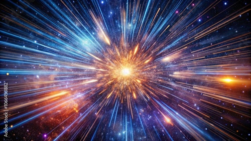 A cosmic explosion with bright blue and orange light streaks against a dark space background dotted with sparkling stars.